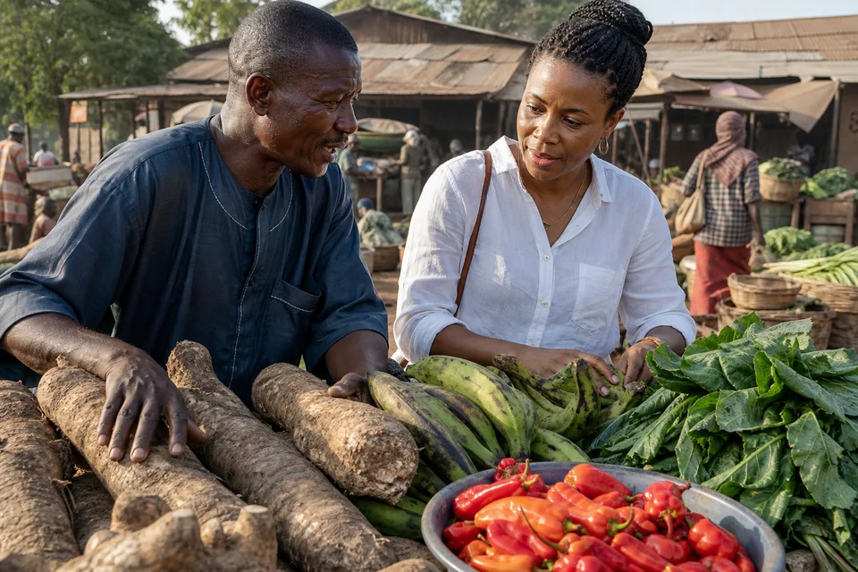 Farmer and grocery buyer examining yams, plantains, peppers and greens together