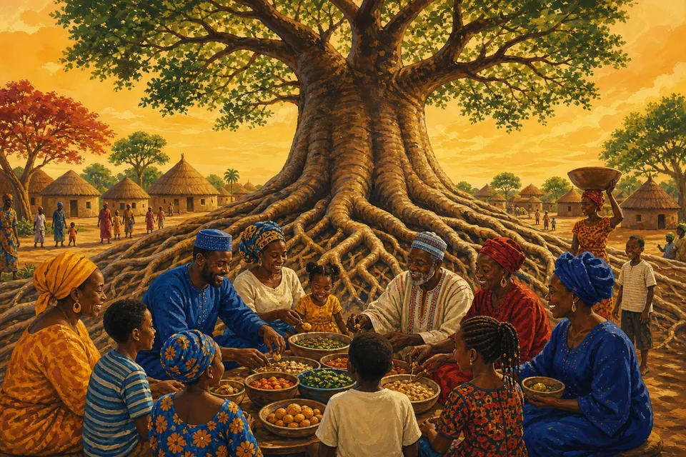 Painted scene of families sharing food beneath the roots of a large baobab tree