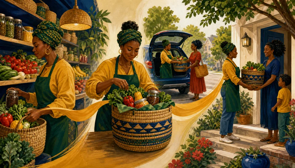 Painted journey of groceries moving from market shelves to packing, pickup and neighborhood delivery