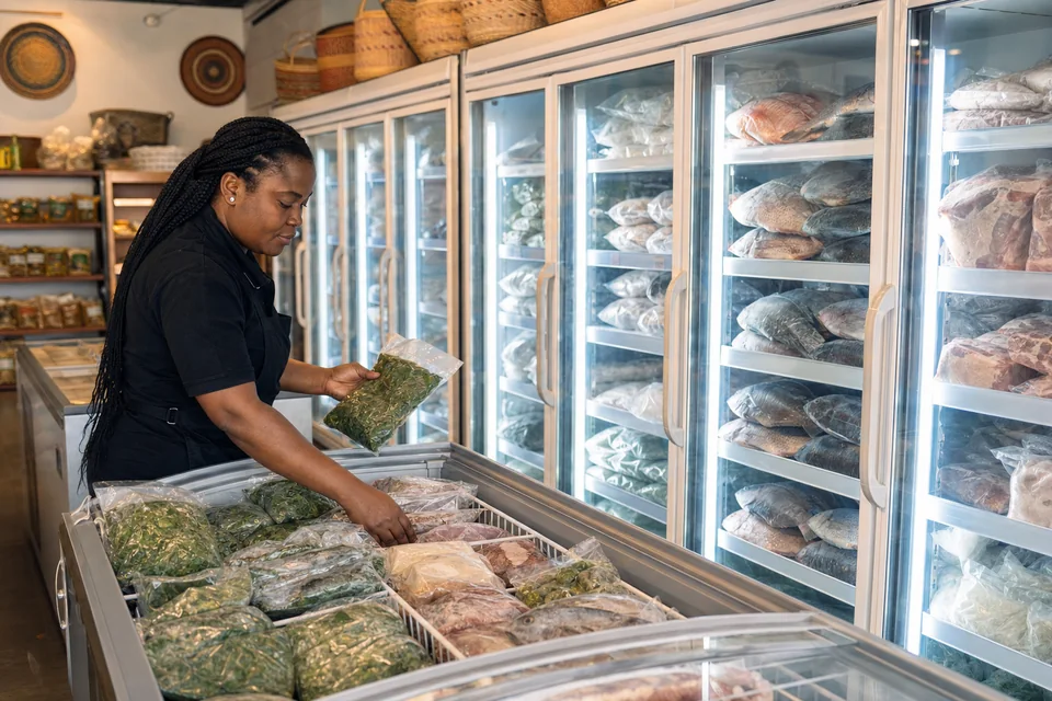 Market team member organizing frozen fish, meat and specialty greens in clean freezer cases